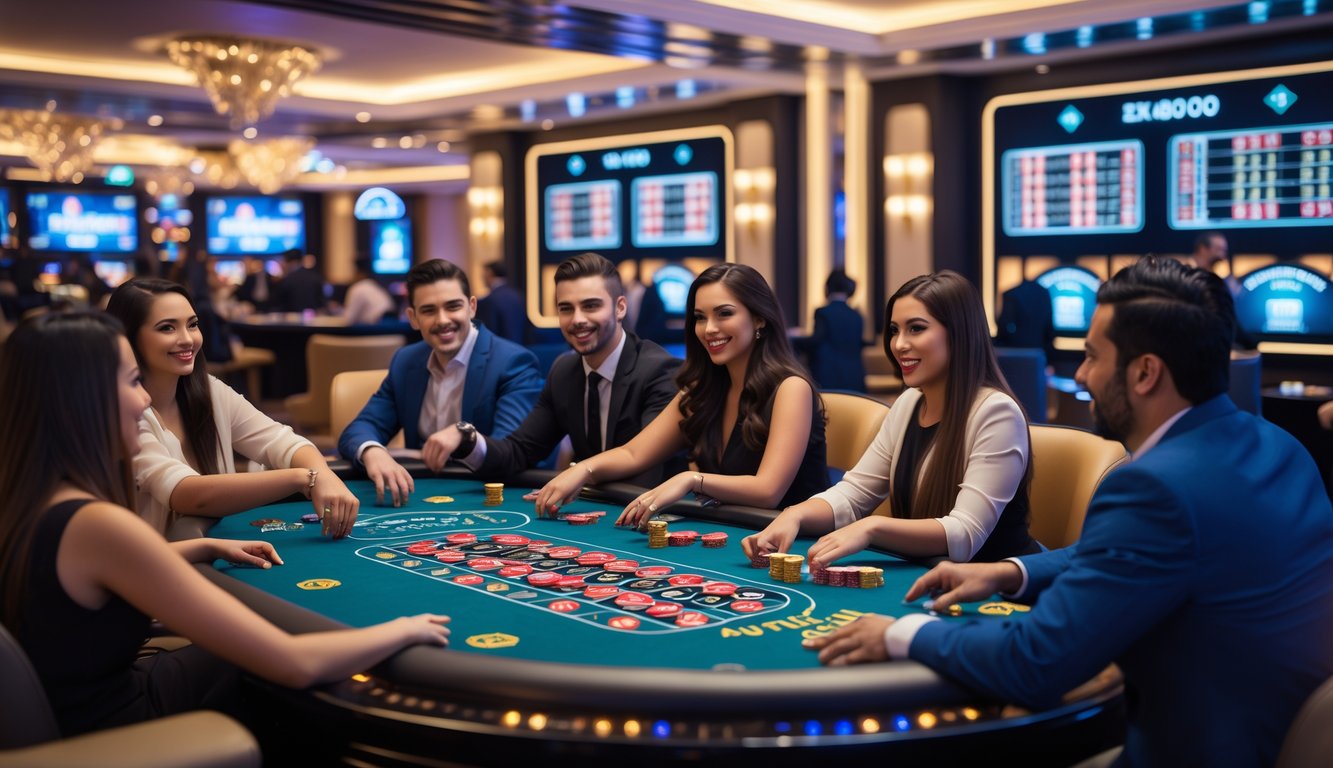 Orang-orang yang sedang bermain permainan kasino langsung di dalam ruangan kasino yang modern dan elegan.