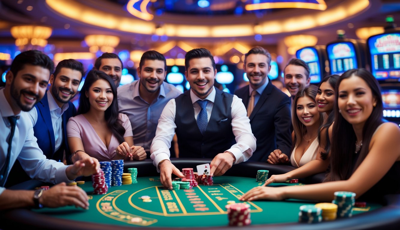 Sekelompok pemain sedang bermain di meja kasino langsung dengan dealer yang ramah, suasana penuh semangat dan lampu kasino yang berwarna-warni.