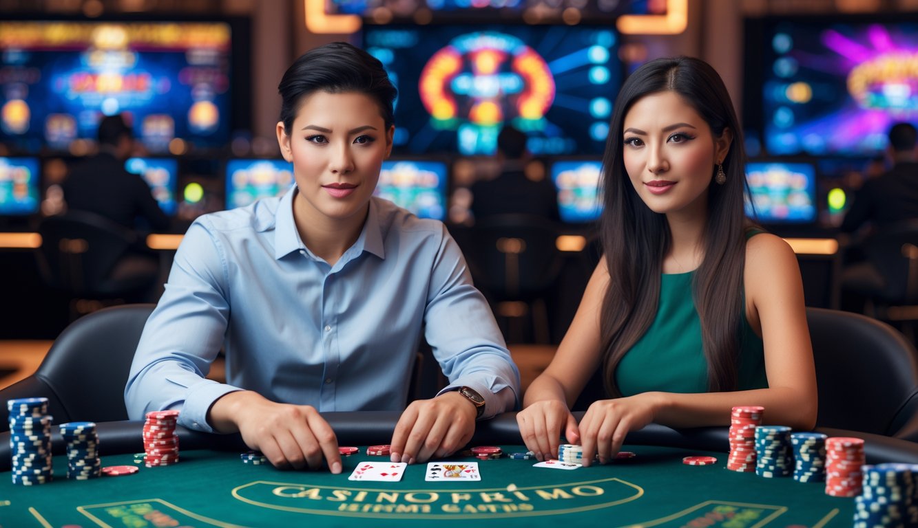 Dua orang dewasa duduk di meja kasino langsung dengan layar digital dan chip permainan, terlihat fokus bermain.