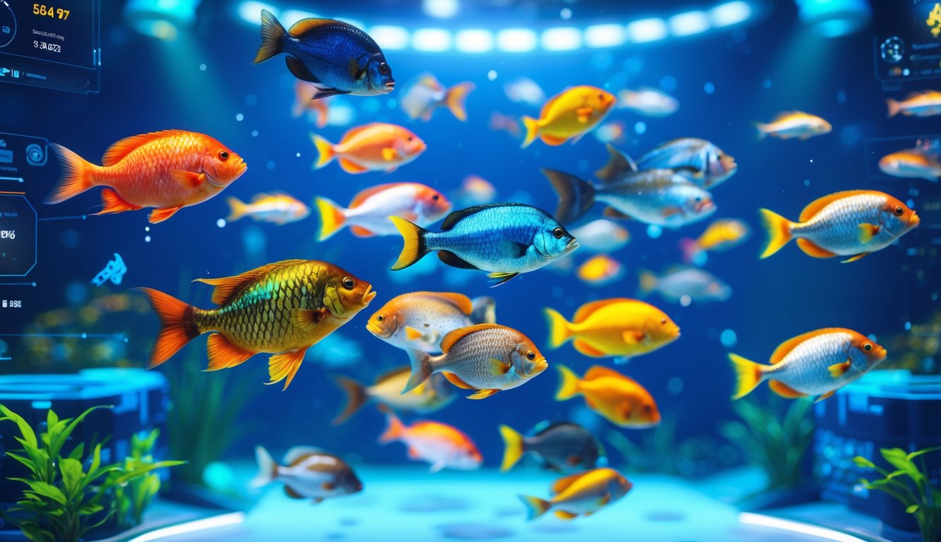 Pemandangan bawah laut dengan ikan berwarna-warni yang berenang energetik dalam air jernih.