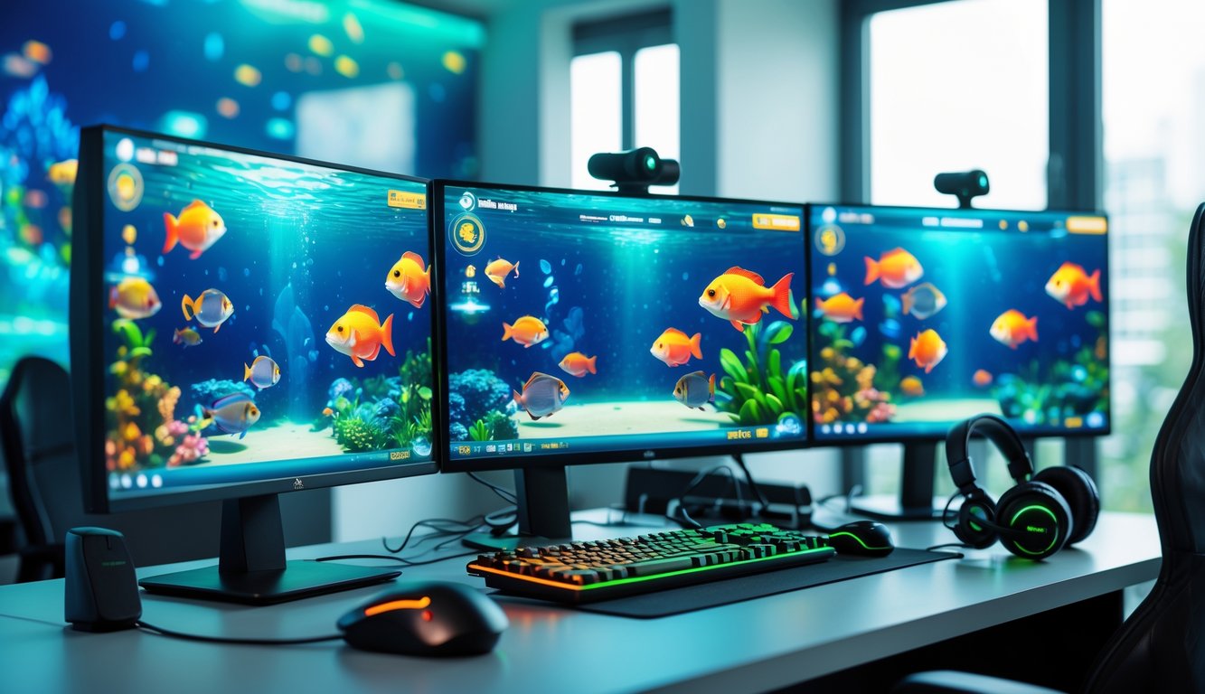 Sebuah ruang kerja modern dengan komputer yang menampilkan permainan tembak ikan berwarna-warni di layar.