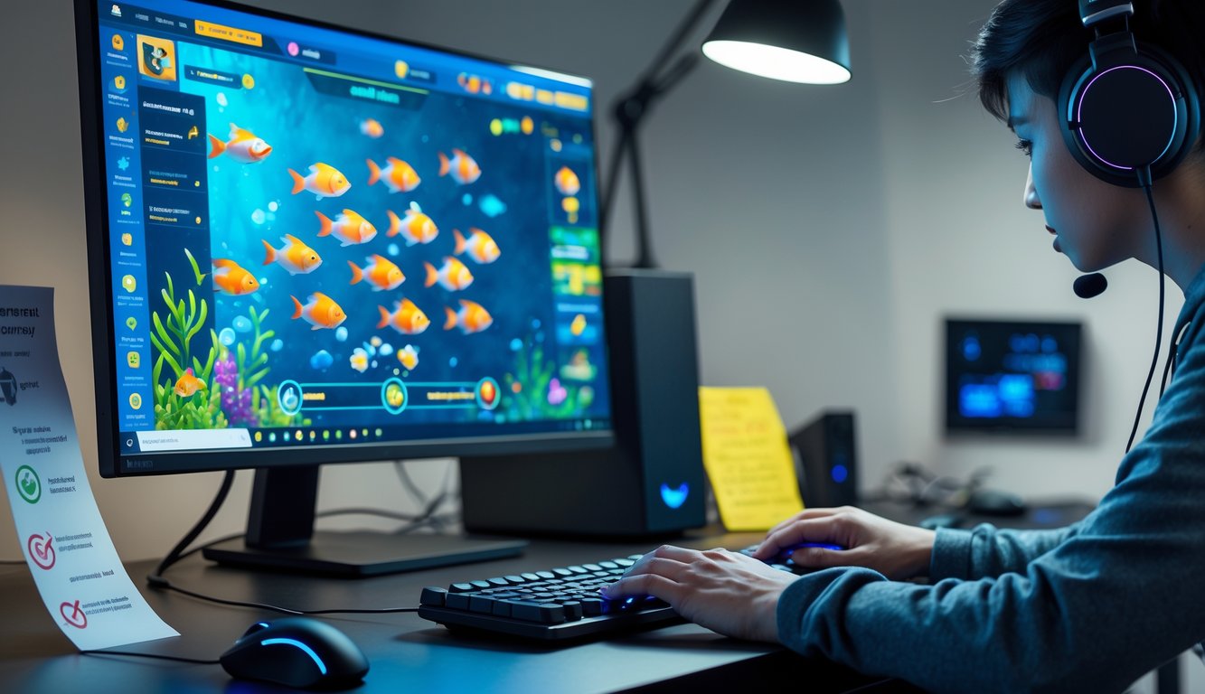 Seseorang sedang bermain game tembak ikan di komputer dengan ekspresi fokus di ruang kerja yang rapi.
