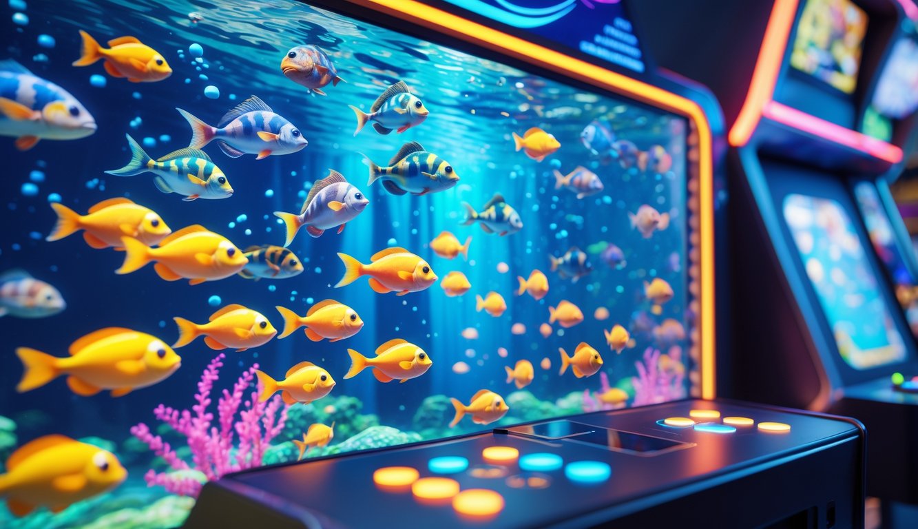 Layar permainan ikan dengan berbagai ikan berwarna-warni dan konsol permainan modern di latar depan.