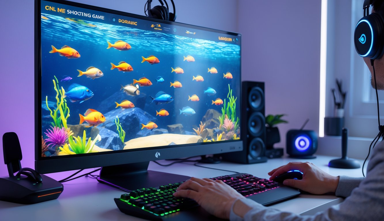 Seorang pemain menggunakan komputer dengan layar menampilkan permainan tembak ikan online yang penuh warna dan ikan-ikan animasi yang berenang.