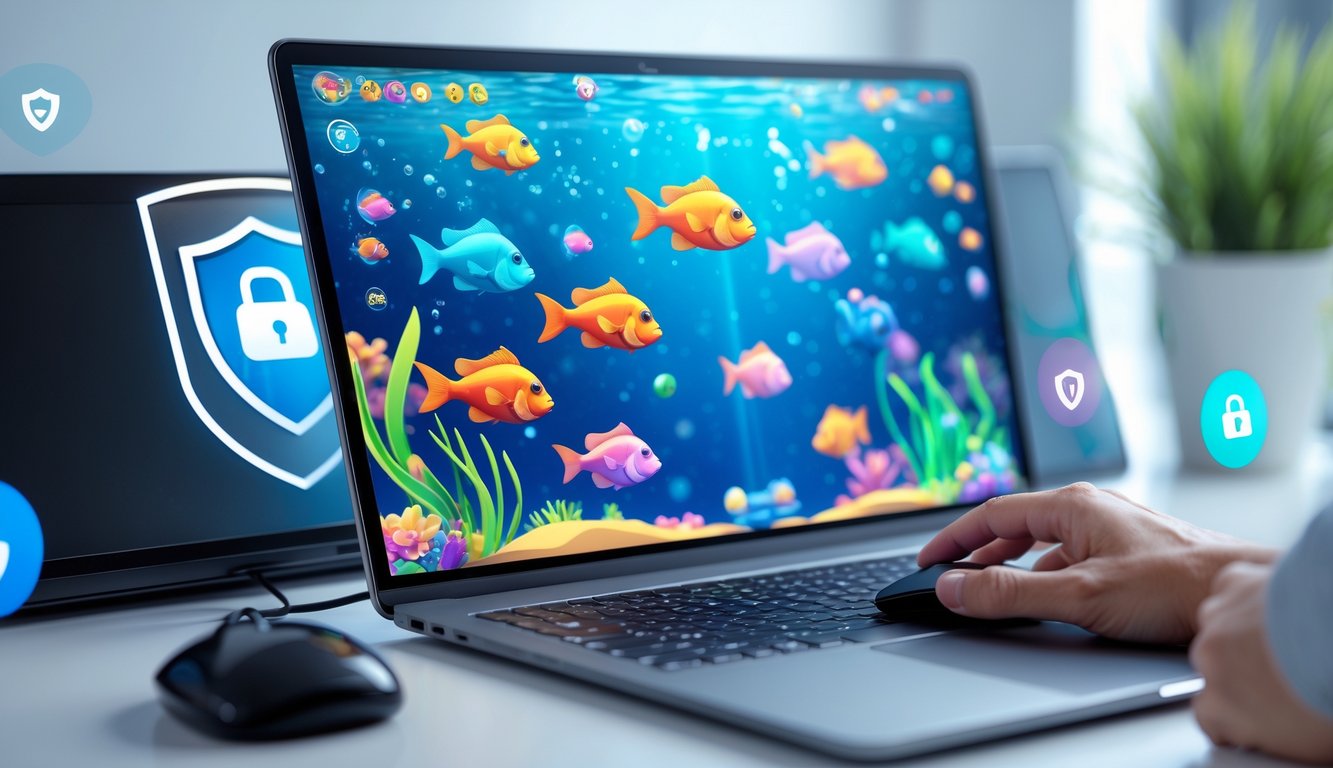 Seseorang bermain game tembak ikan di komputer dengan latar belakang warna-warni dan simbol keamanan.