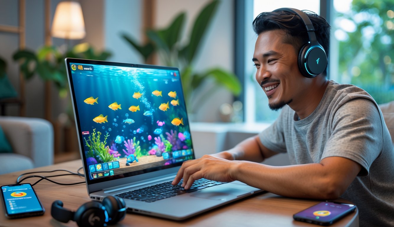 Seorang pria Indonesia sedang bermain permainan tembak ikan di laptop di dalam ruangan yang nyaman.