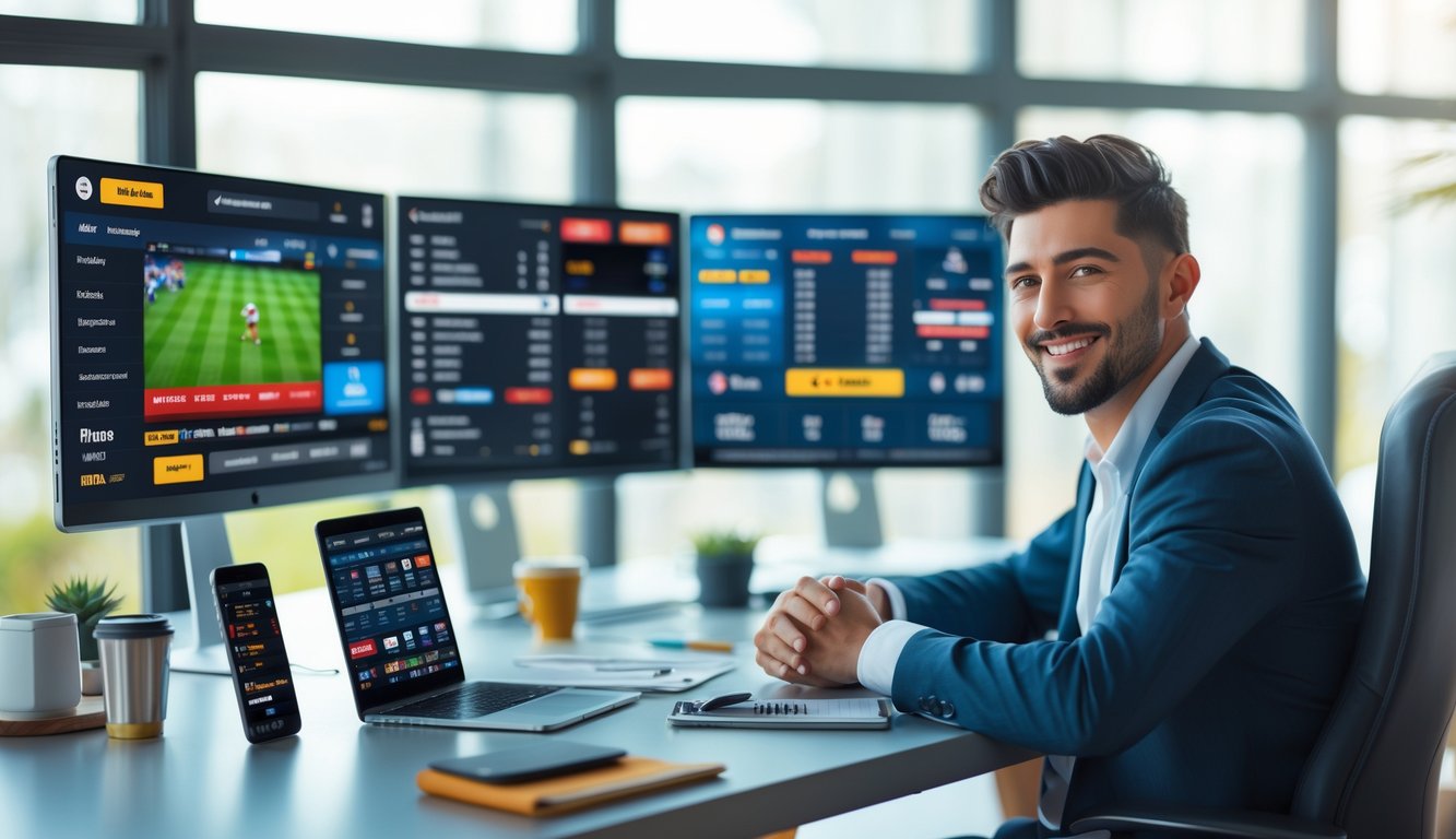 Seorang pemuda duduk di meja kerja dengan beberapa layar menampilkan pertandingan olahraga dan peluang taruhan, terlihat fokus dan optimis.