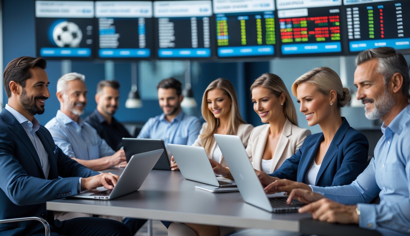 Sekelompok orang dewasa sedang menggunakan perangkat elektronik untuk bertaruh olahraga di ruangan modern dengan layar besar menampilkan berbagai acara olahraga dan grafik peluang.