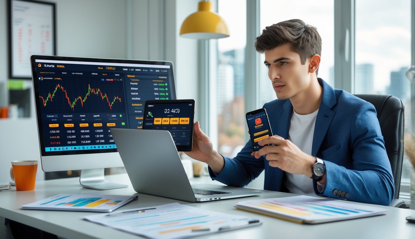 Seorang pria muda duduk di meja kerja dengan beberapa perangkat digital yang menampilkan data taruhan olahraga, fokus menganalisis informasi dalam ruangan dengan jendela besar dan pemandangan kota.