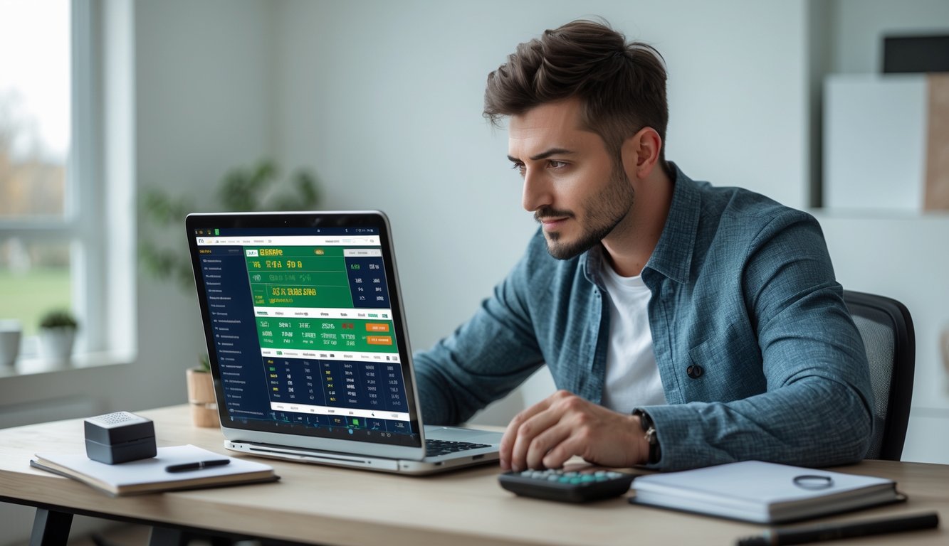 Seorang pria muda duduk di depan laptop dengan layar menampilkan data taruhan olahraga, di meja terdapat catatan dan ponsel, suasana tenang dan fokus.