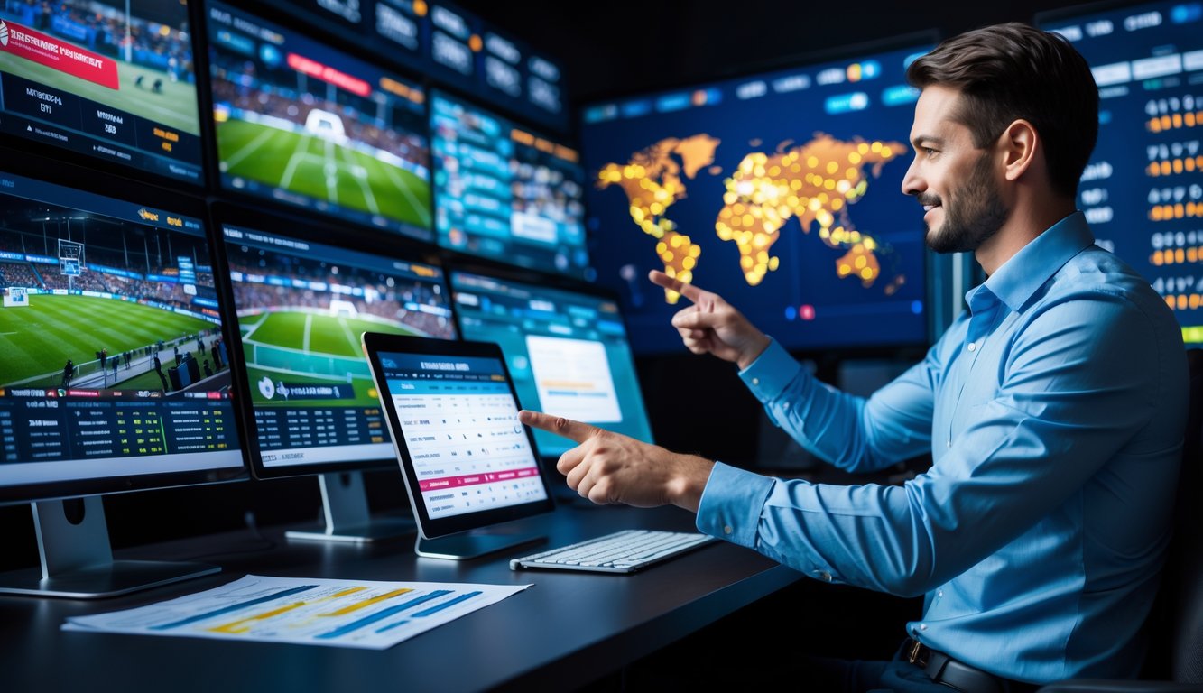 Seorang profesional sedang menganalisis data taruhan olahraga di depan beberapa layar komputer dengan berbagai pertandingan olahraga yang sedang berlangsung.