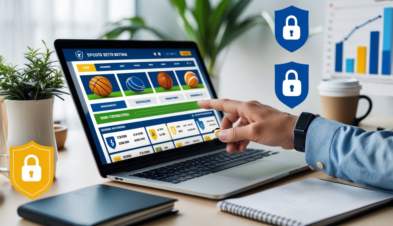 Seseorang menggunakan laptop dengan tampilan situs judi olahraga, dikelilingi simbol keamanan dan grafik keuntungan.