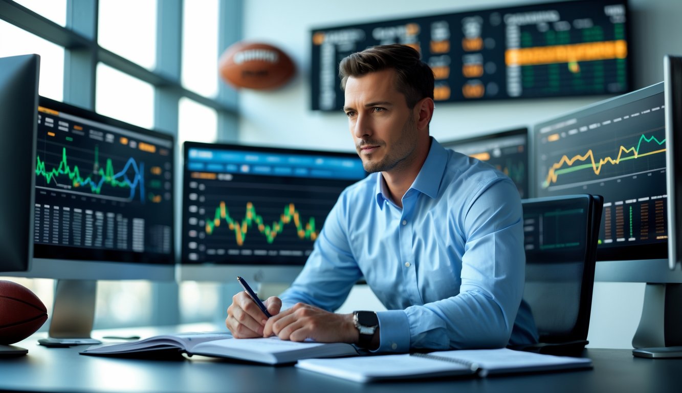Seorang analis olahraga sedang bekerja di depan komputer dengan grafik dan statistik olahraga di layar.