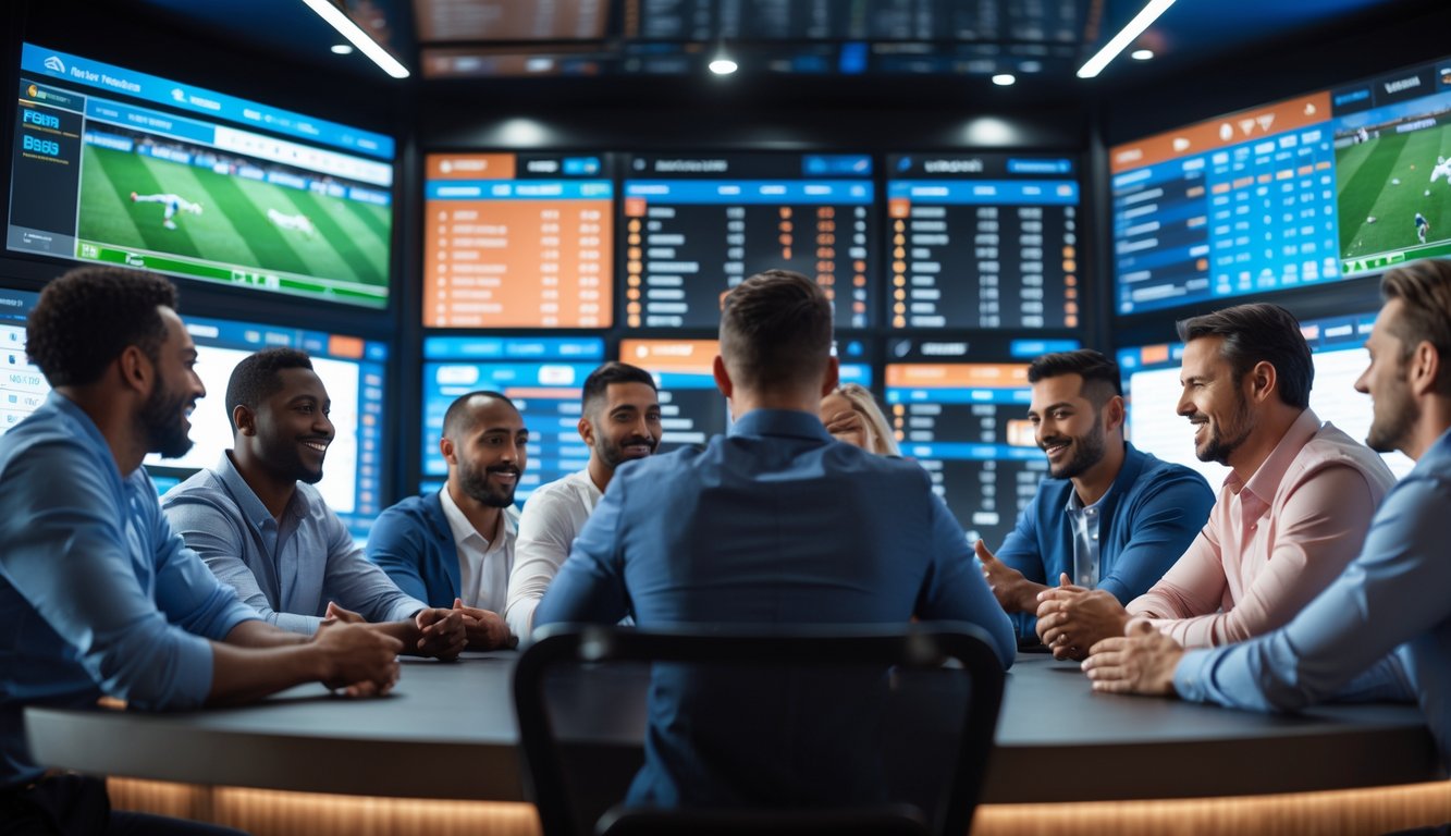 Sekelompok orang yang percaya diri sedang melihat layar digital besar menampilkan peluang olahraga secara langsung di sebuah ruang taruhan modern.
