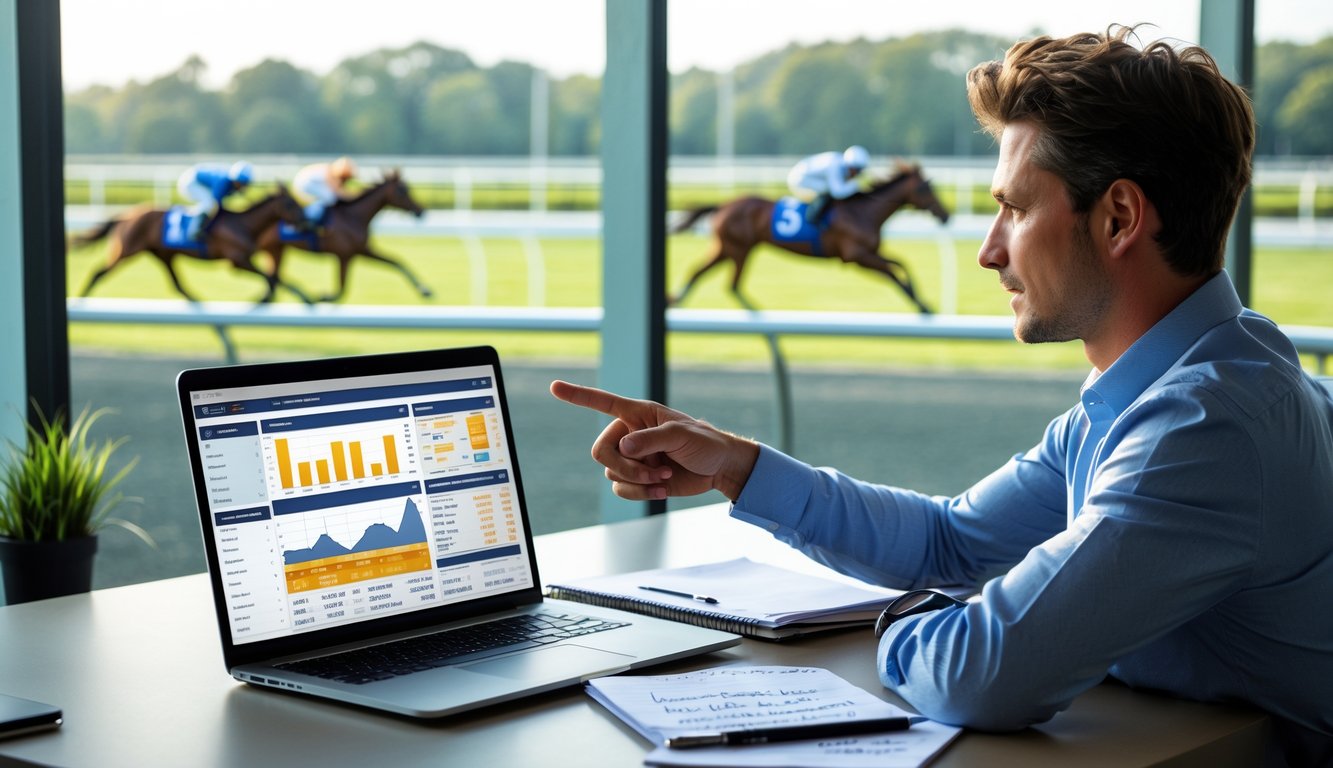 Seseorang sedang menganalisis strategi balap kuda di kantor dengan layar komputer dan lintasan balap kuda di latar belakang.