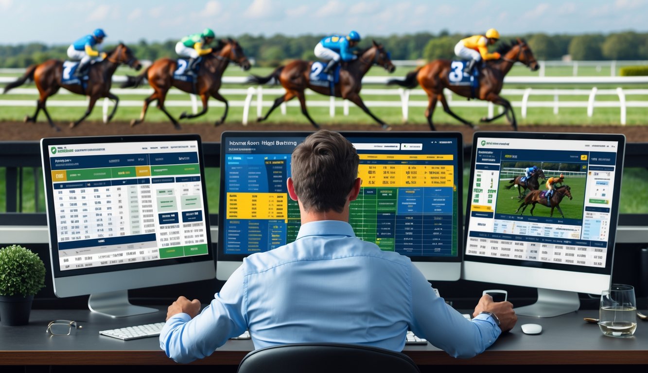Seorang pria sedang menganalisis data balap kuda di depan layar digital dengan latar belakang kuda-kuda balap yang sedang berlari di lintasan.