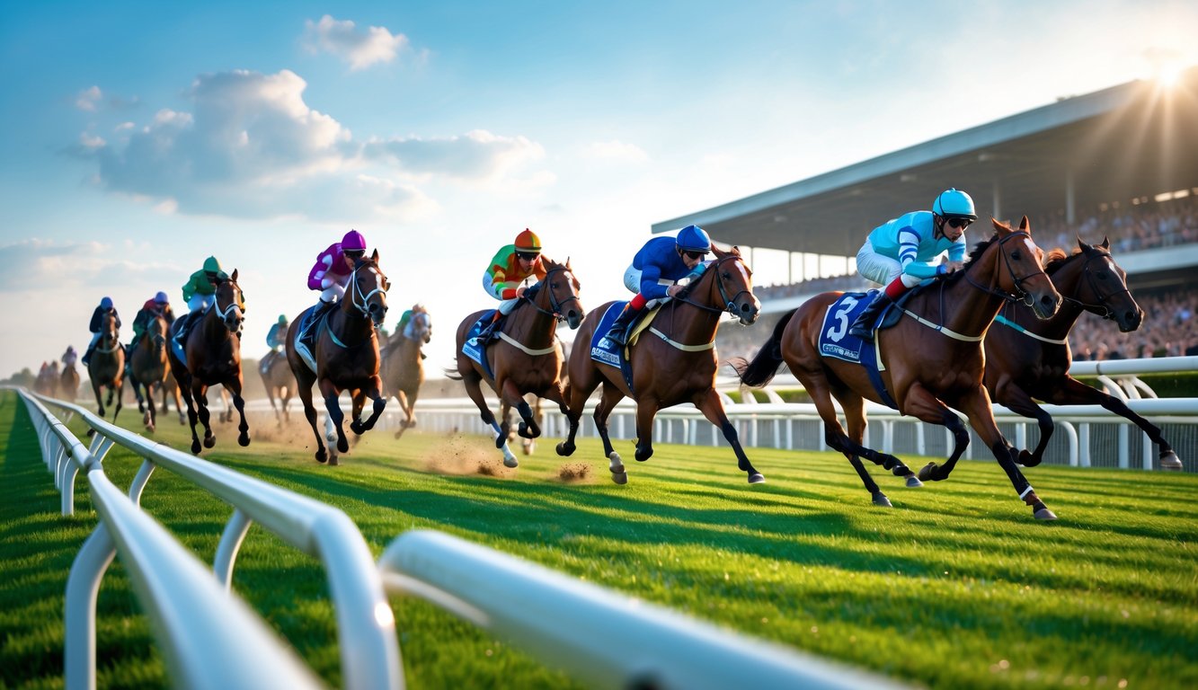 Beberapa kuda pacu dengan joki berwarna-warni sedang berlari kencang di lintasan balap dengan penonton di latar belakang.