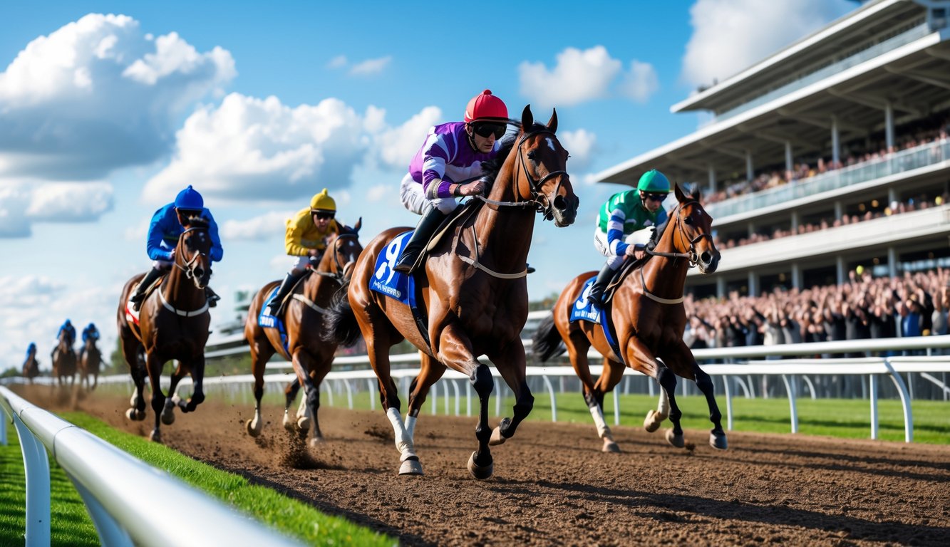 Beberapa kuda pacu dengan joki sedang berlari cepat di lintasan balap dengan penonton di tribun latar belakang.