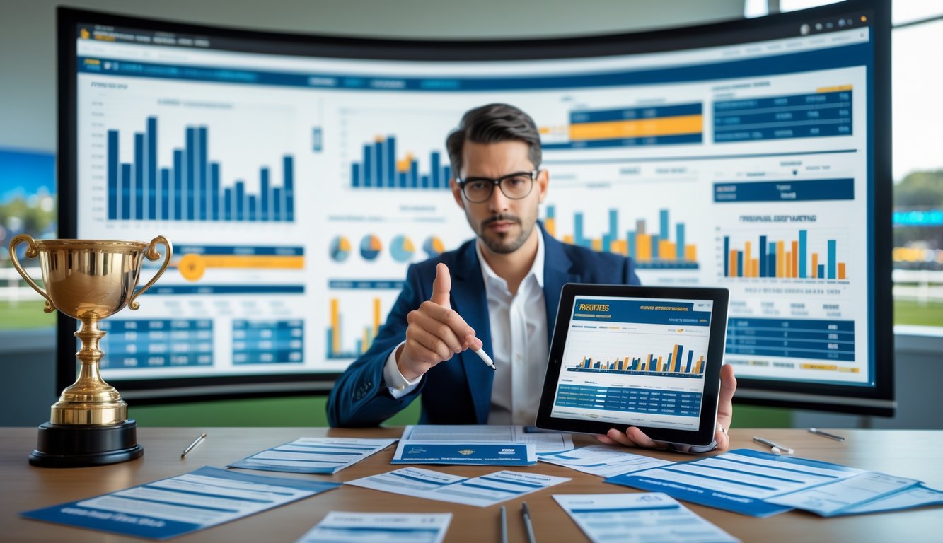 Seorang analis sedang mempelajari grafik dan data performa kuda balap di kantor modern.
