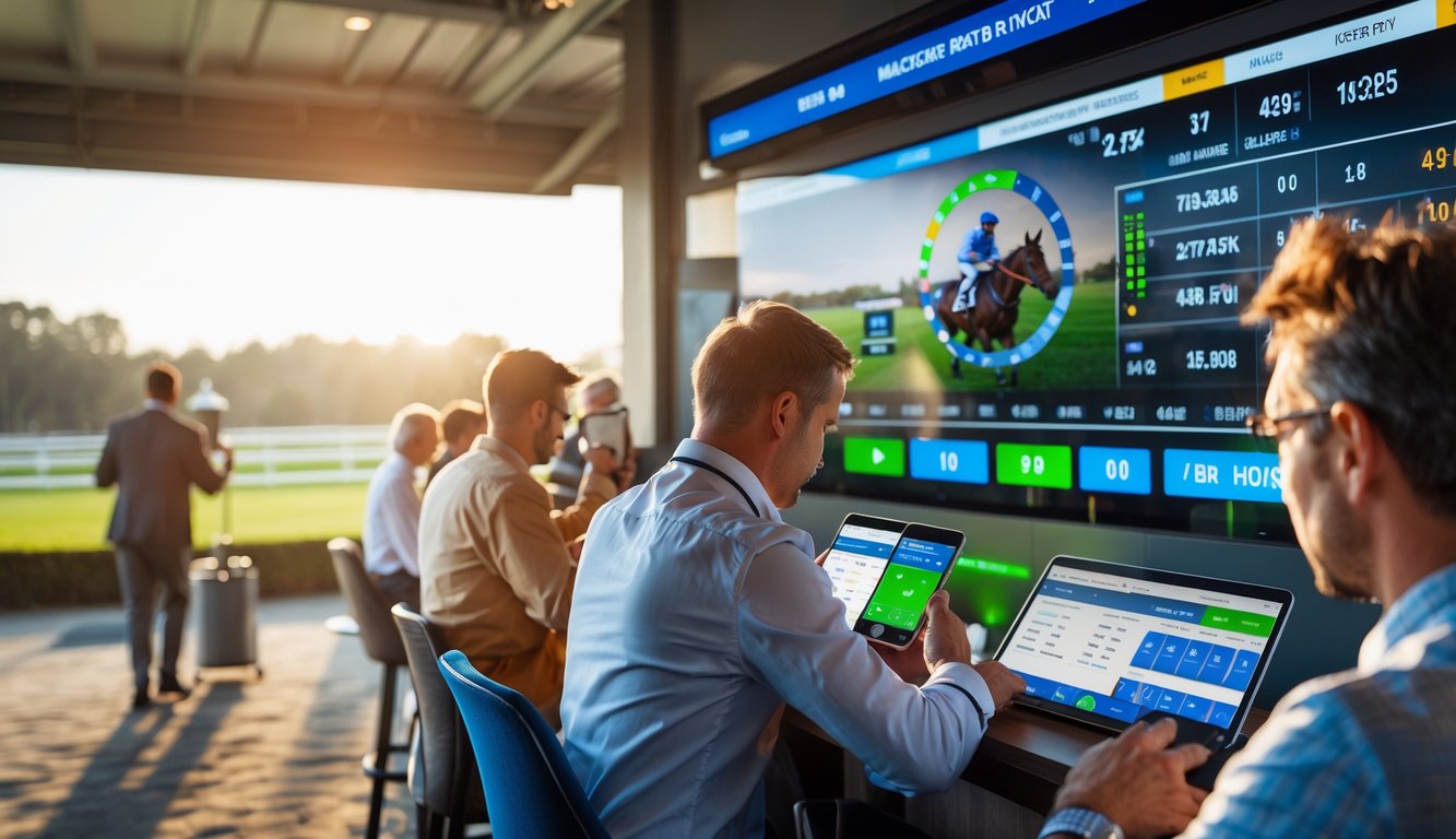 Orang-orang yang fokus menggunakan perangkat digital di tempat taruhan balap kuda dengan papan hasil balapan dan grafik prediksi di latar belakang.