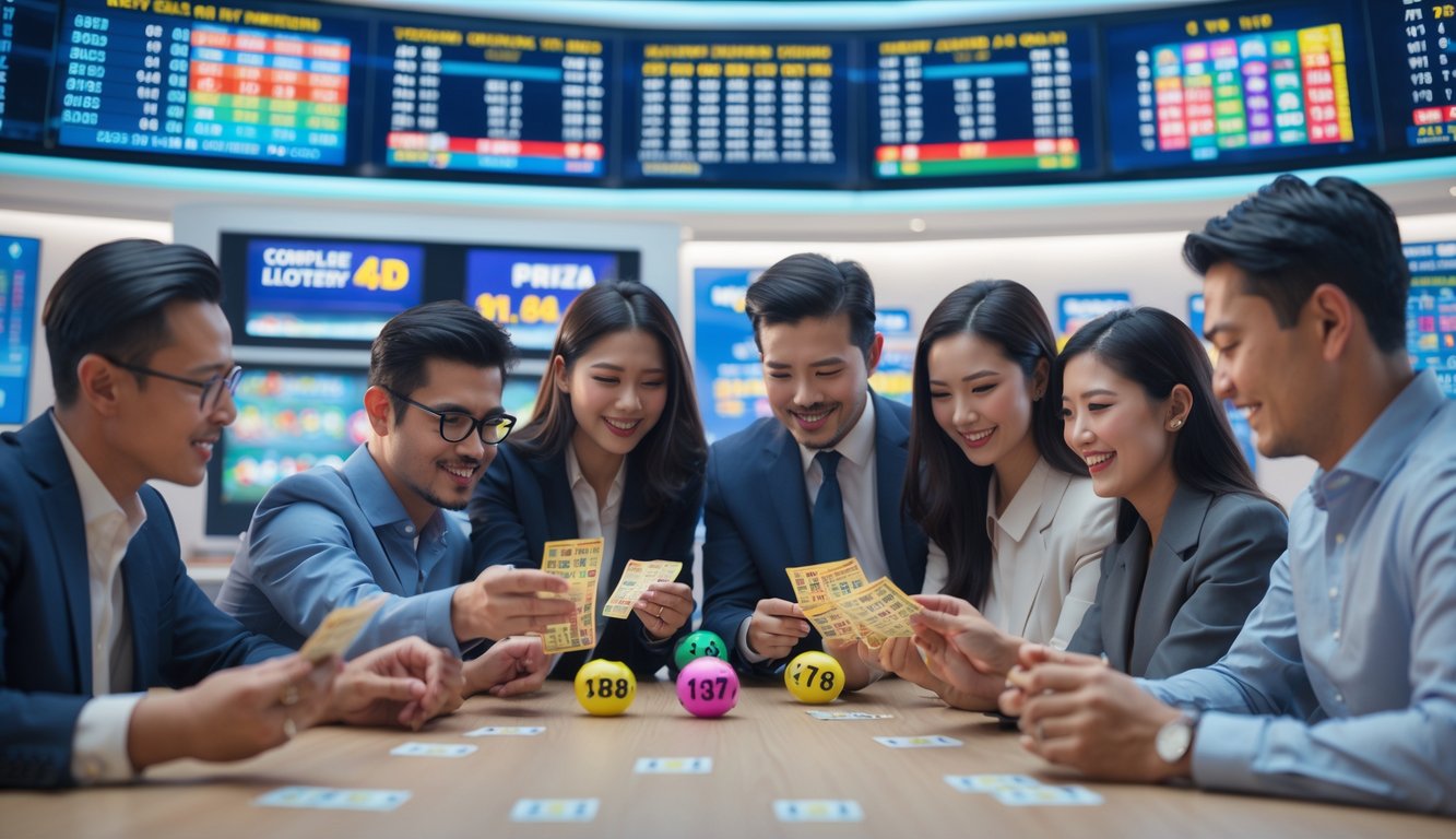 Orang-orang sedang memeriksa tiket lotere dan berdiskusi di lingkungan yang modern dan terpercaya.