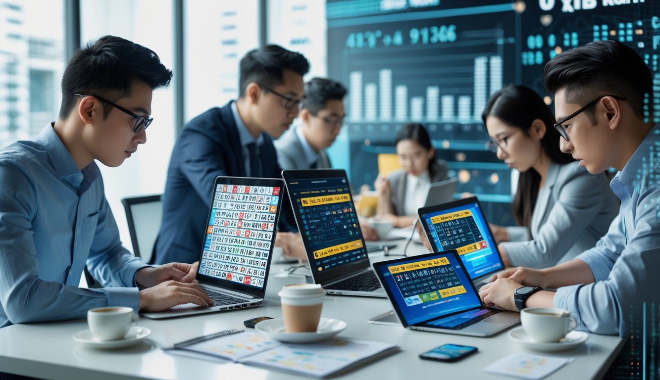 Sejumlah pemain profesional sedang fokus menggunakan perangkat digital untuk bermain lotere 4D secara online di sebuah ruang kerja modern.