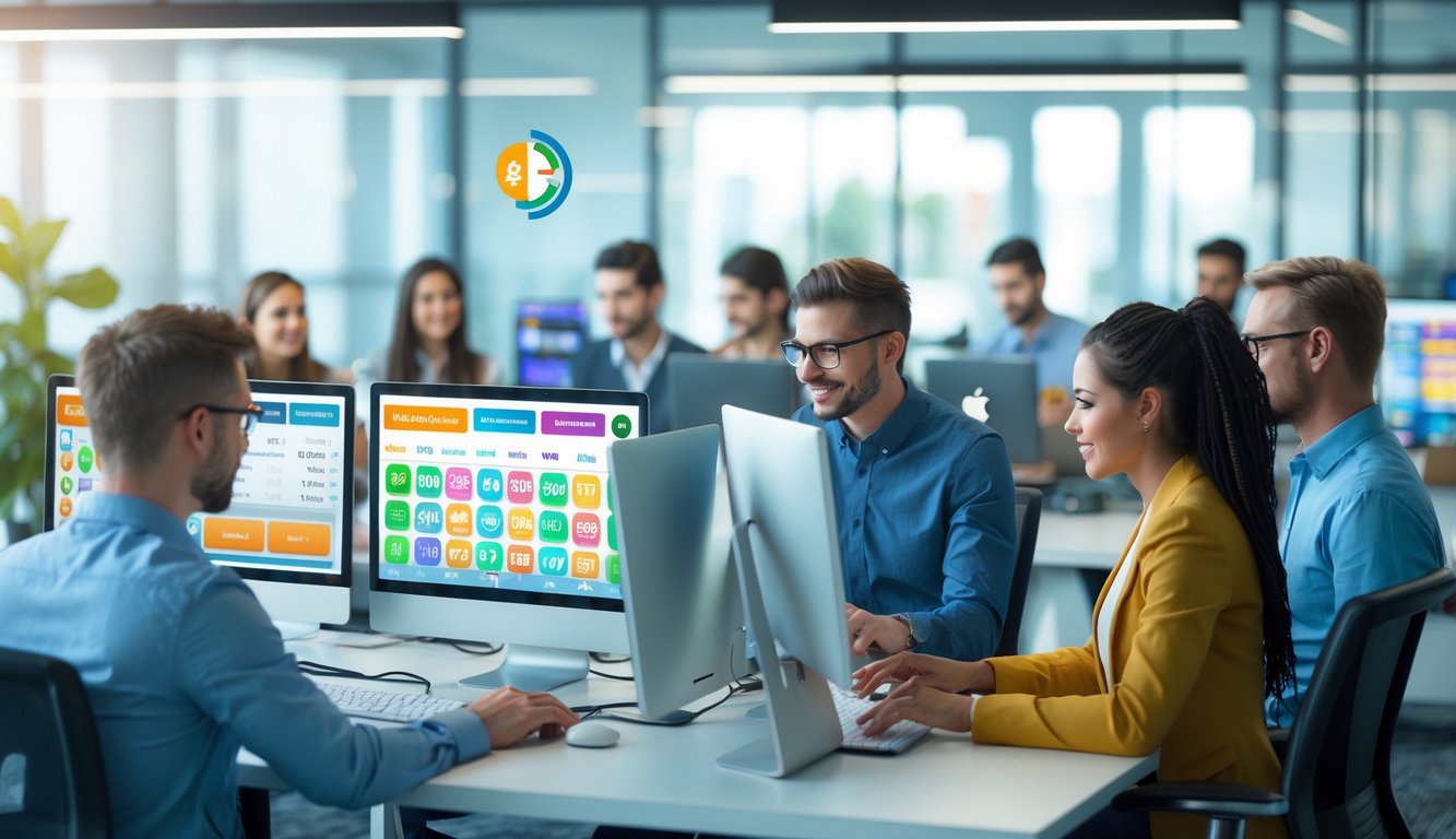 Orang-orang bekerja di kantor modern dengan beberapa layar komputer yang menampilkan antarmuka lotere digital.