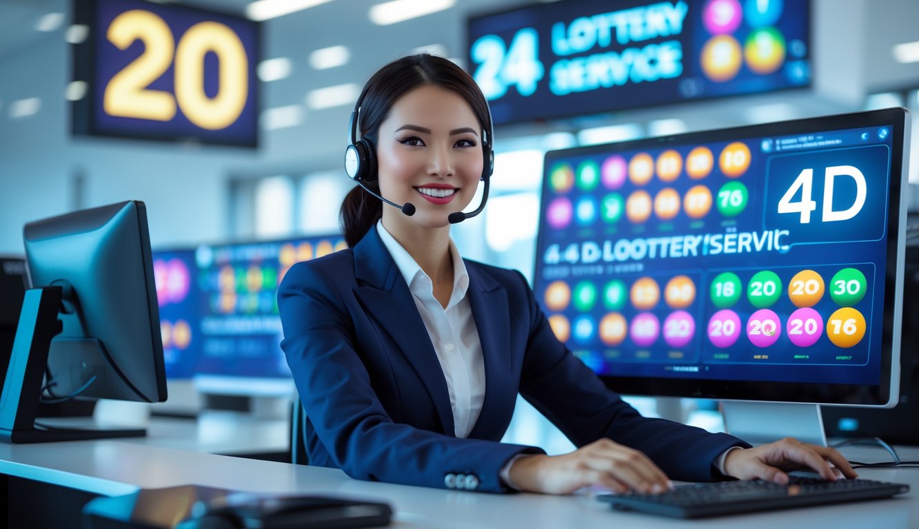 Seorang staf layanan pelanggan tersenyum di kantor modern dengan layar komputer menampilkan angka lotere dan jam digital yang menunjukkan layanan 24 jam.