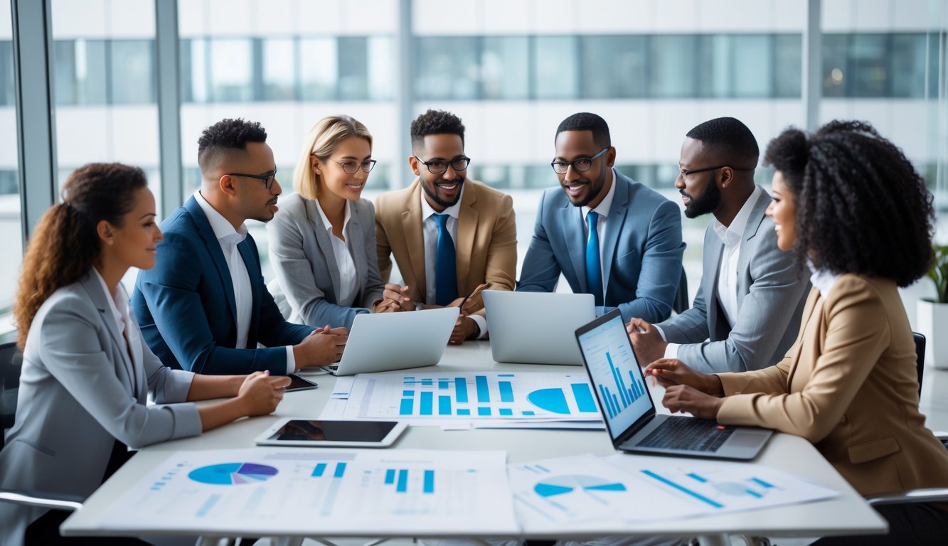 Sekelompok orang sedang berdiskusi di ruang kantor modern dengan laptop dan dokumen di atas meja.