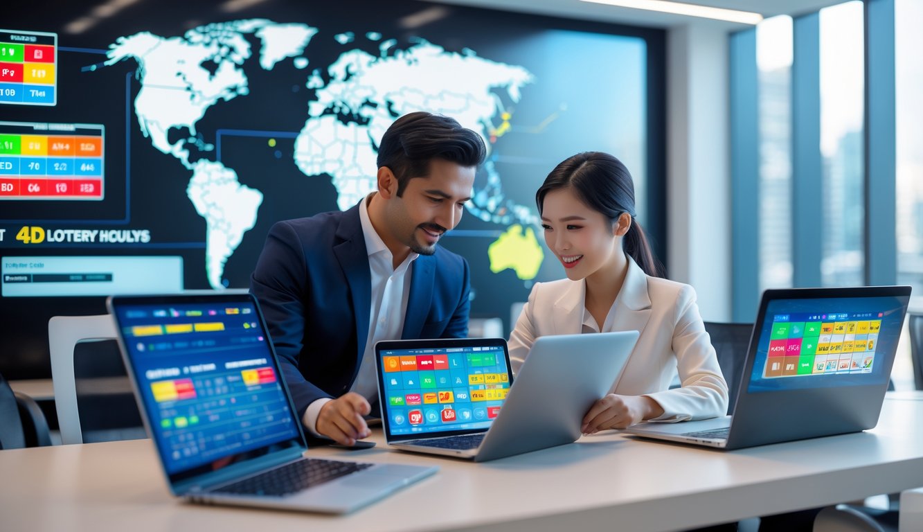 Dua orang profesional bekerja bersama di kantor dengan perangkat digital dan peta dunia di latar belakang.