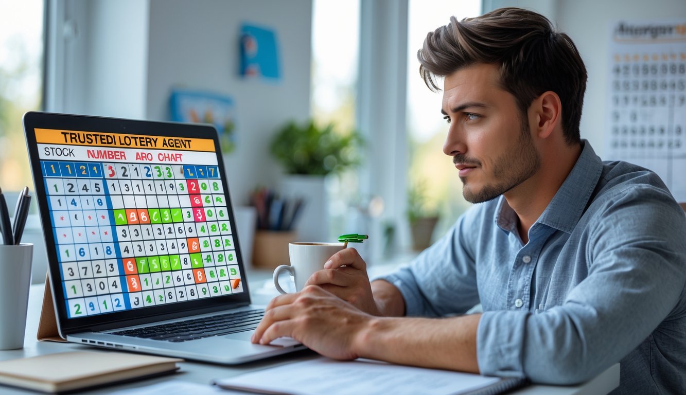 Seorang pria muda duduk di meja kerja dengan laptop, terlihat fokus dan sedang merencanakan strategi togel 4D di ruang kerja yang terang dan rapi.