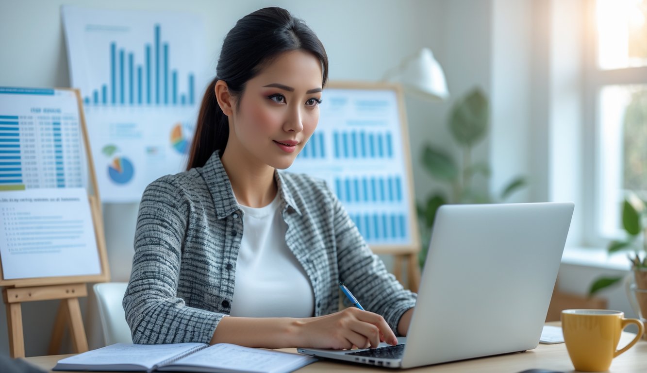 Seorang wanita muda duduk di meja dengan laptop dan buku catatan, fokus menganalisis angka togel 4D dalam suasana yang tenang dan teratur.