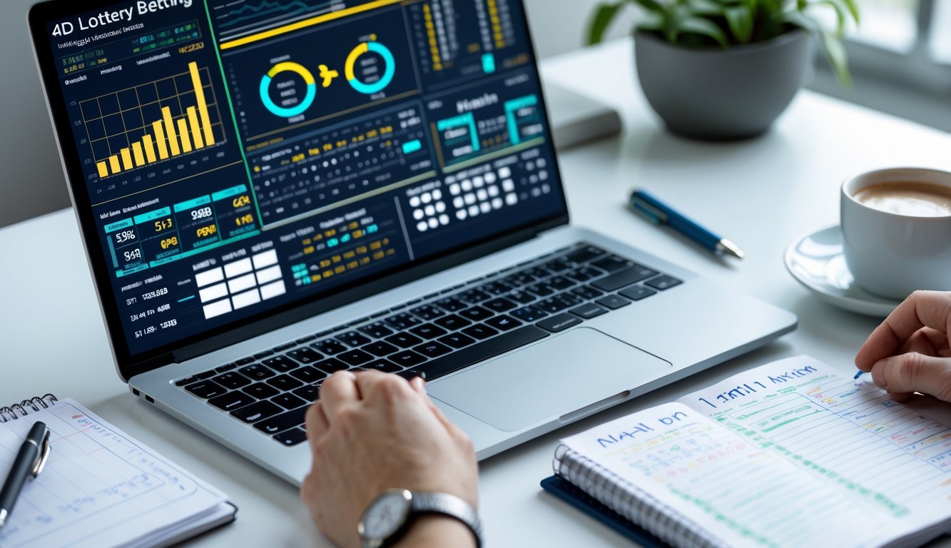 Meja kerja dengan laptop menampilkan grafik data, smartphone dengan antarmuka tiket lotre digital, dan buku catatan dengan tulisan tangan, di dalam ruangan yang terang dan rapi.