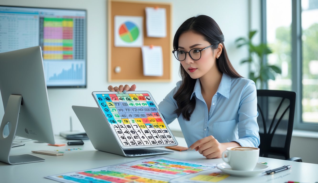 Seorang wanita muda duduk di meja kantor dengan tablet dan dokumen, fokus menganalisis pola angka togel.