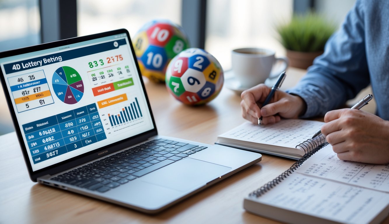 Seseorang sedang menganalisis data dan menulis catatan di meja kerja dengan laptop dan bola lotere di latar belakang.