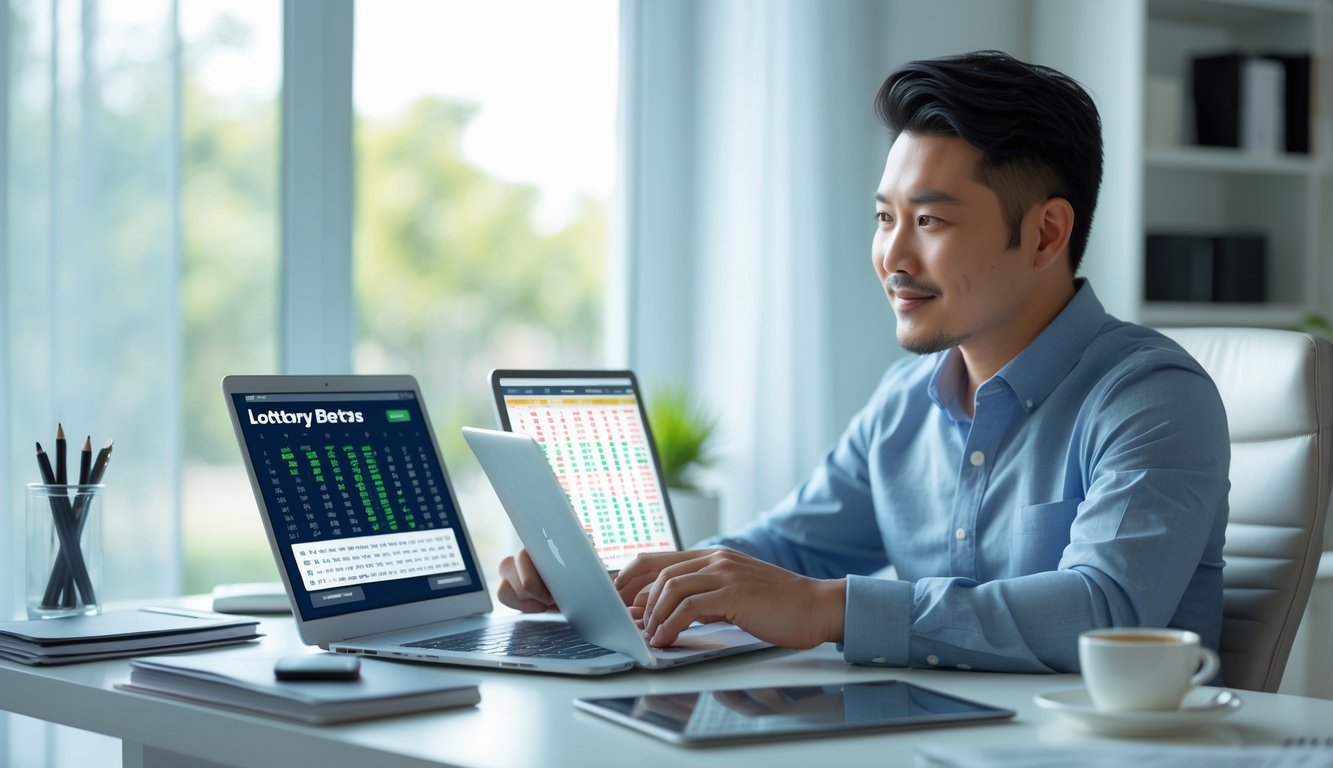 Seorang pria Asia Tenggara duduk di meja kerja dengan beberapa perangkat digital, fokus menganalisis data terkait taruhan togel.