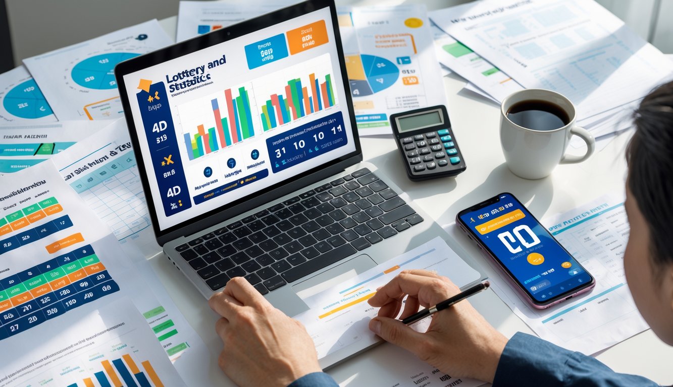 Seseorang sedang menganalisis data dan statistik togel 4D di meja kerja dengan laptop, kalkulator, dan catatan.