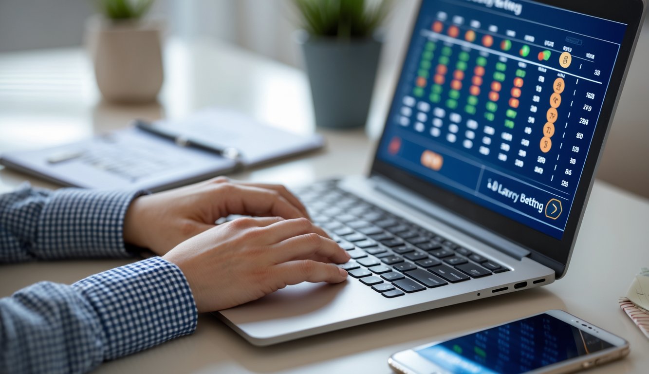 Seseorang sedang menggunakan laptop di meja yang rapi untuk memasang taruhan togel 4D dengan catatan dan ponsel di sekitarnya.