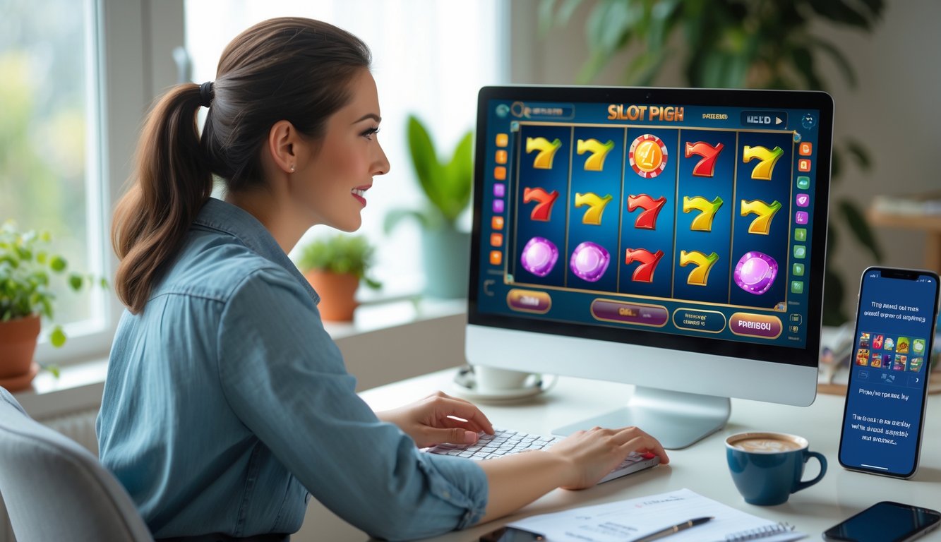 Seorang wanita muda duduk di meja dengan laptop yang menampilkan permainan slot online, tampak fokus dan berharap menang.