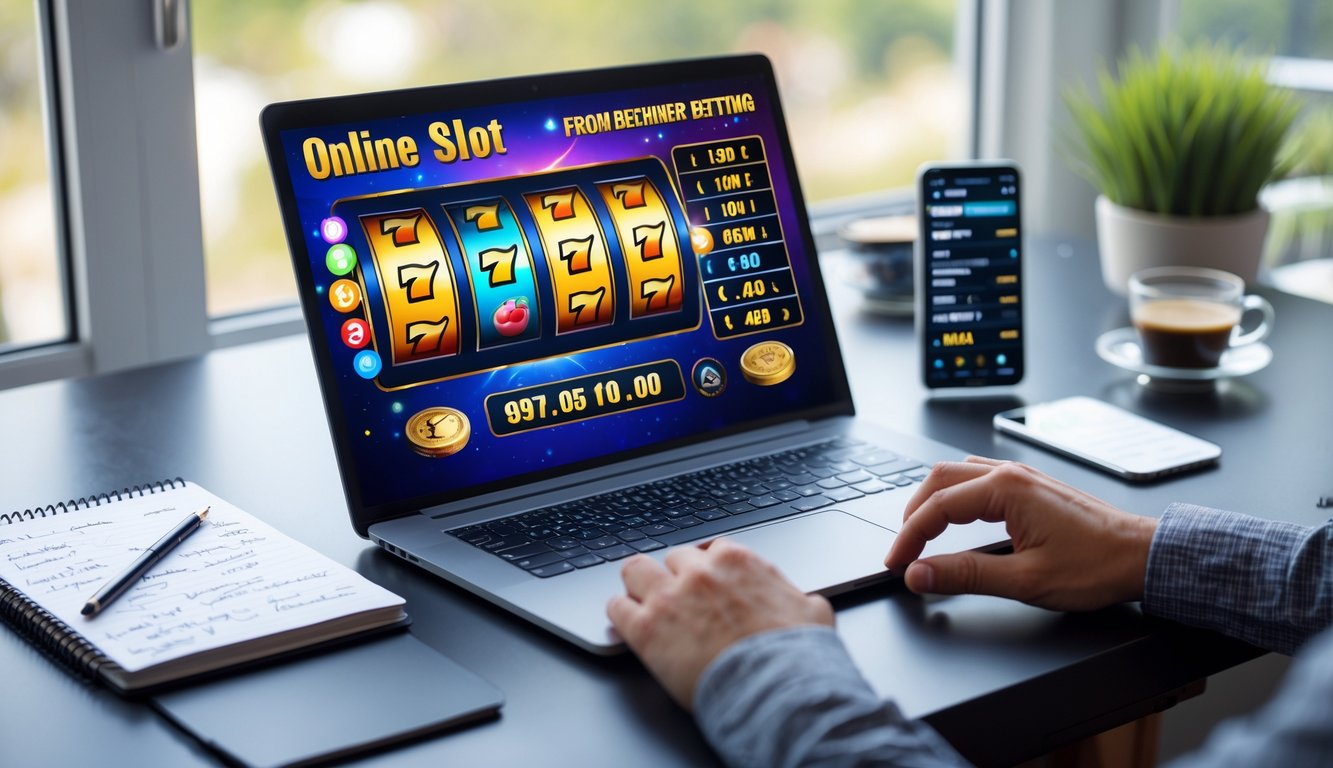 Meja kerja dengan laptop menampilkan permainan slot online, buku catatan, ponsel, dan secangkir kopi.