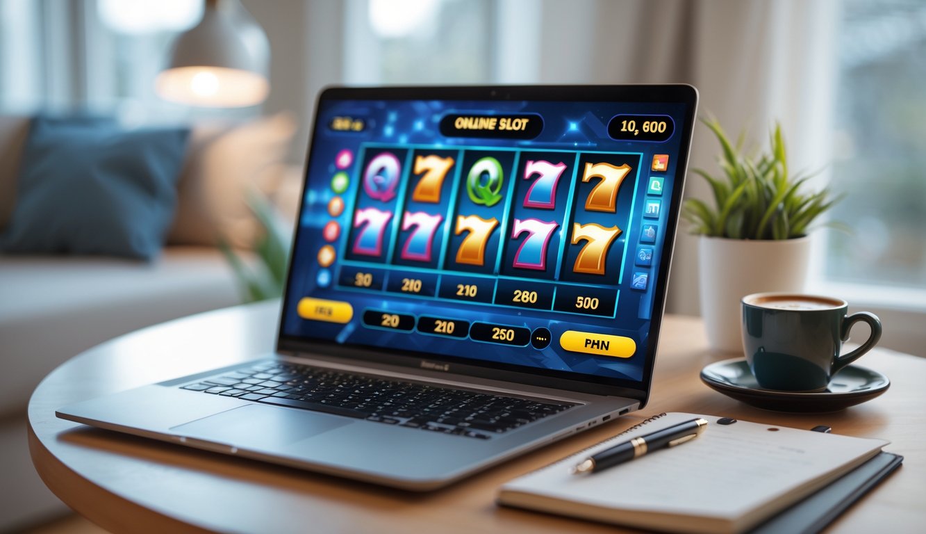 Seseorang menggunakan laptop di meja kerja dengan permainan slot online di layar, di samping ada kopi dan buku catatan.