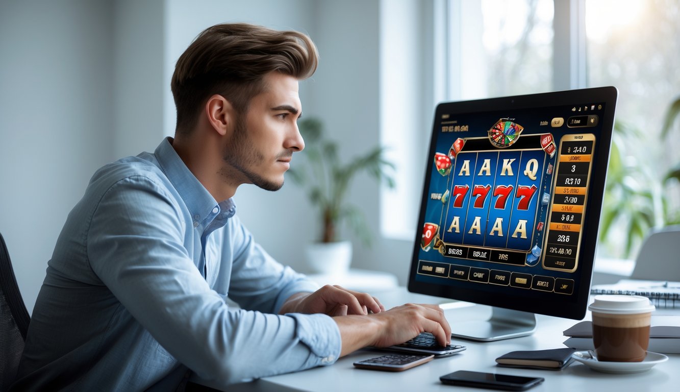 Seorang pria muda duduk di meja dengan laptop, fokus pada permainan slot online di layar, suasana ruangan terang dan rapi.