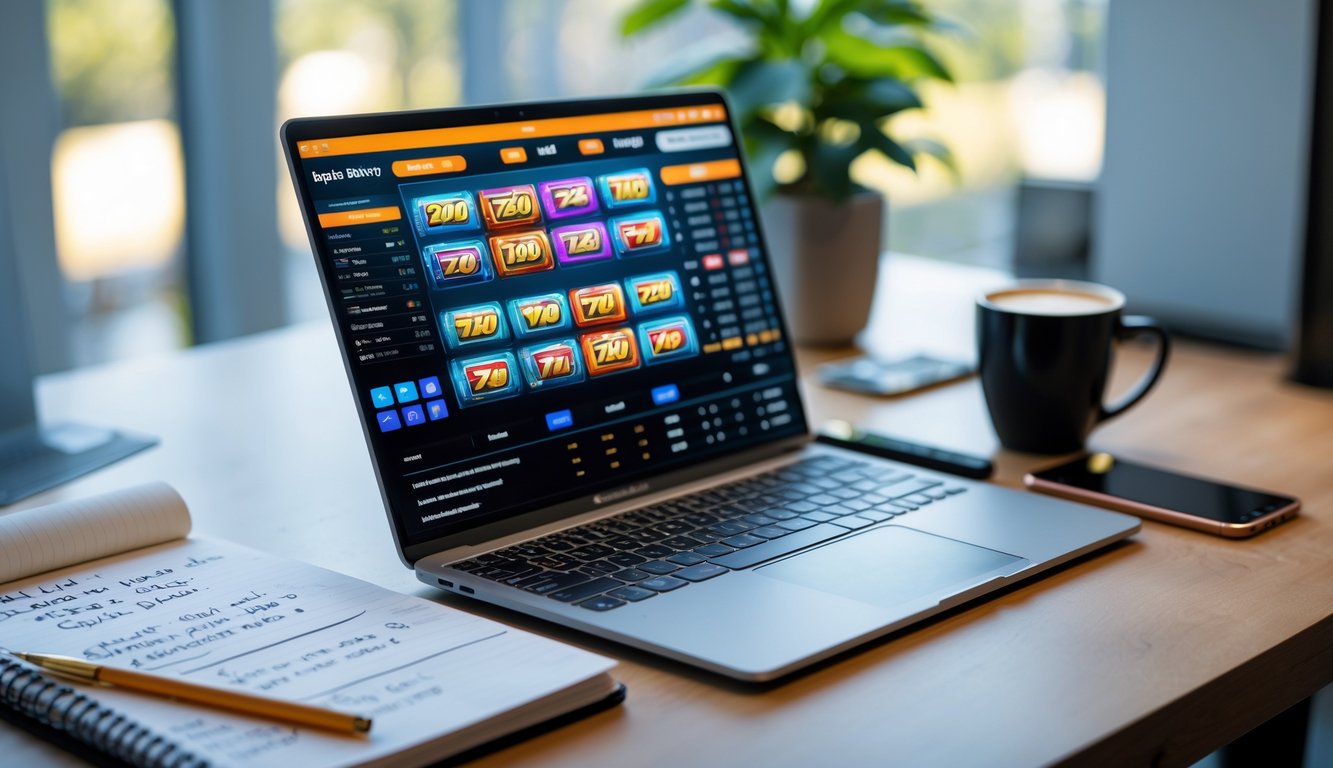 Meja kerja dengan laptop menampilkan permainan slot online, buku catatan dengan strategi taruhan, ponsel, dan secangkir kopi.
