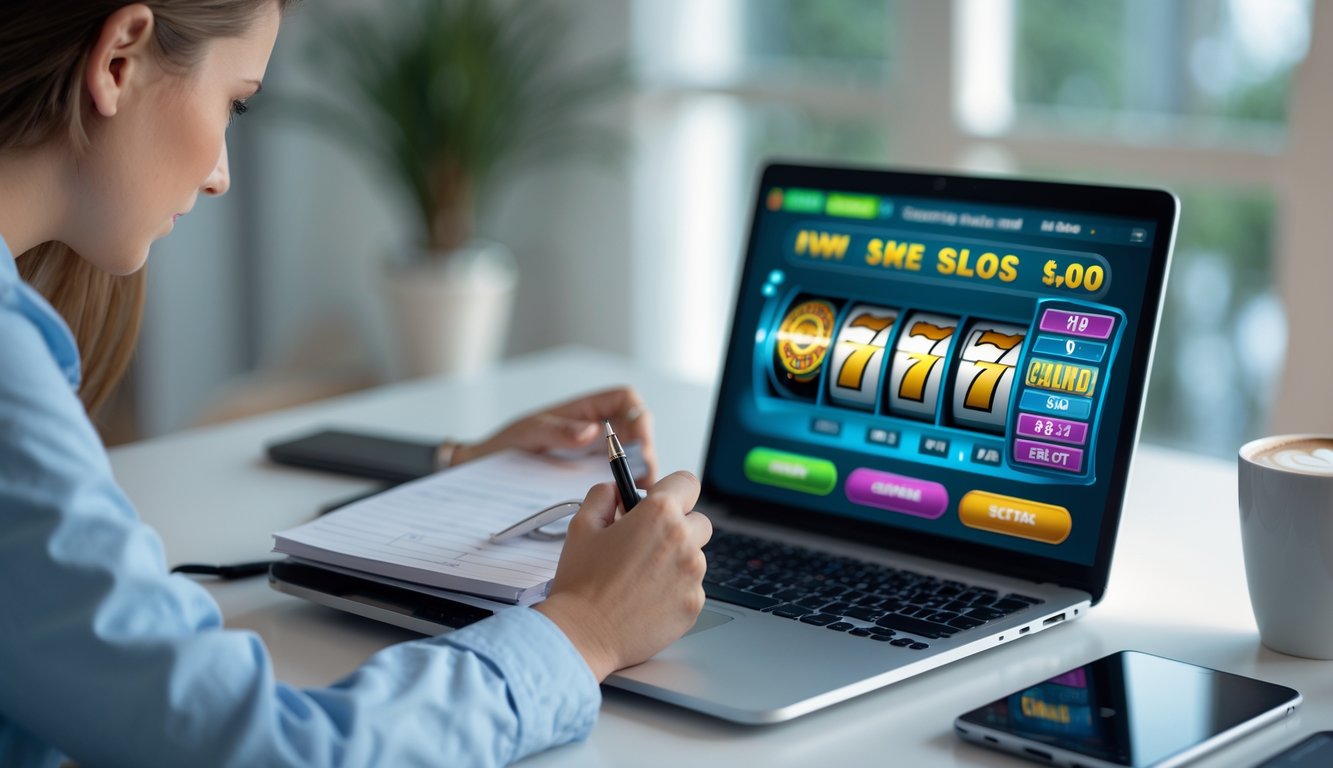 Seseorang duduk di meja kerja dengan laptop menampilkan permainan slot online, mencatat dengan kalkulator di sampingnya.