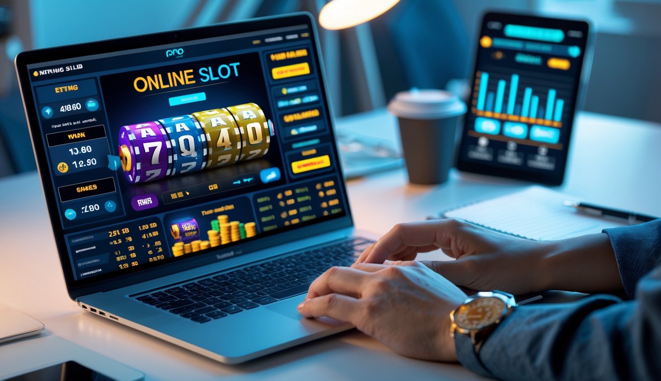 Seorang pria duduk di depan laptop dengan layar permainan slot online dan grafik, sambil mencatat di meja kerja yang rapi.