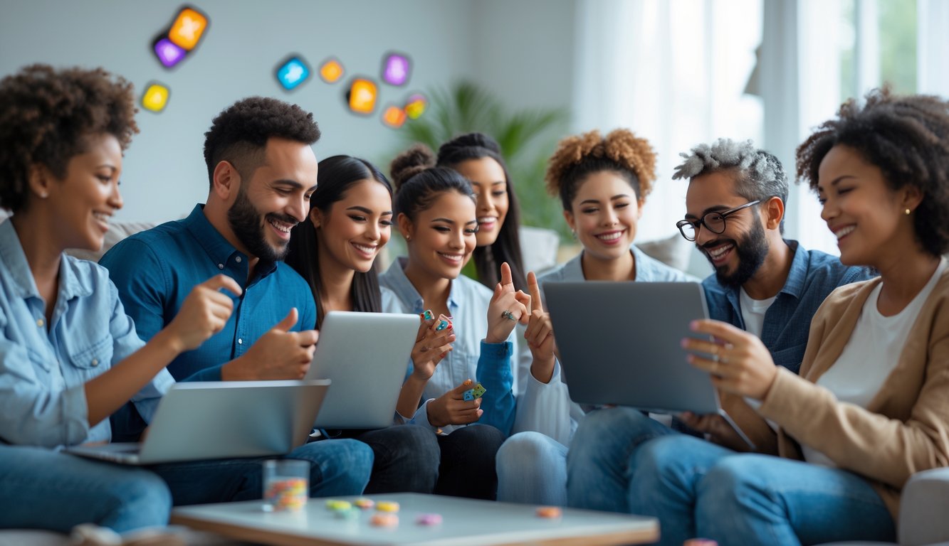 Sekelompok orang dari berbagai usia dan latar belakang sedang bermain slot online menggunakan laptop, tablet, dan ponsel di ruang tamu yang nyaman dan terang.