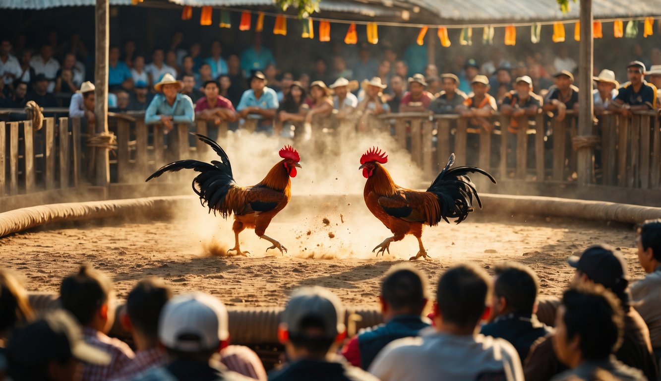Arena sabung ayam dengan dua ayam bertarung di tengah dan penonton ramai mengelilingi arena.