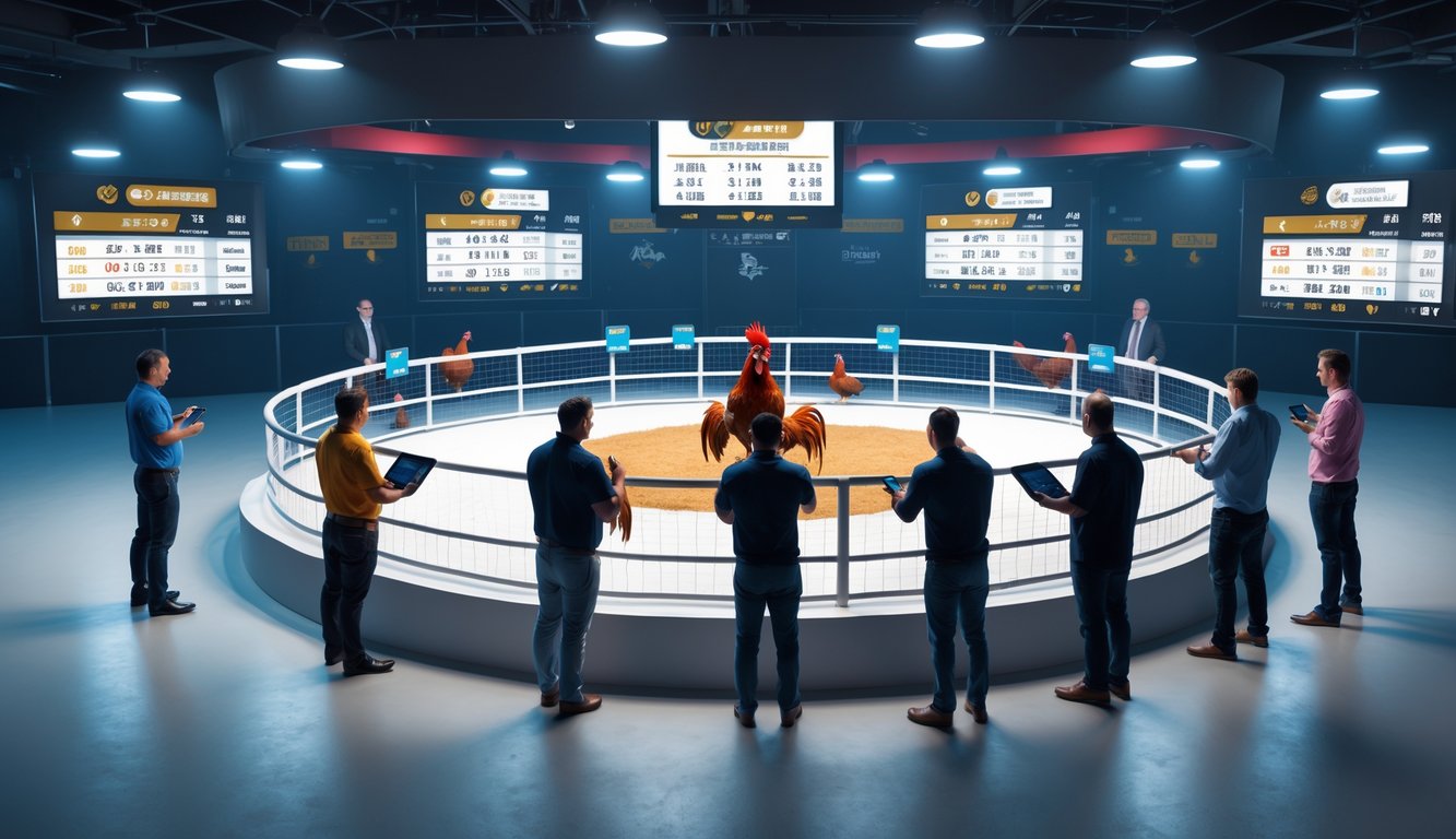 Arena sabung ayam digital dengan beberapa orang menonton dan menggunakan perangkat elektronik di sekitar ring.