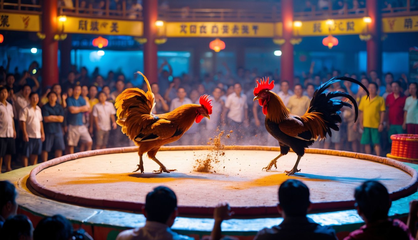 Pertarungan sabung ayam yang intens di arena dengan penonton yang antusias memperhatikan dua ayam bertarung.