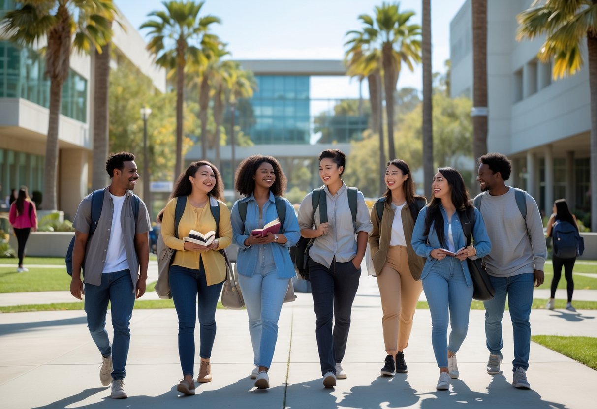 A diverse group of university students smiling and walking on a sunny campus with modern buildings and palm trees.